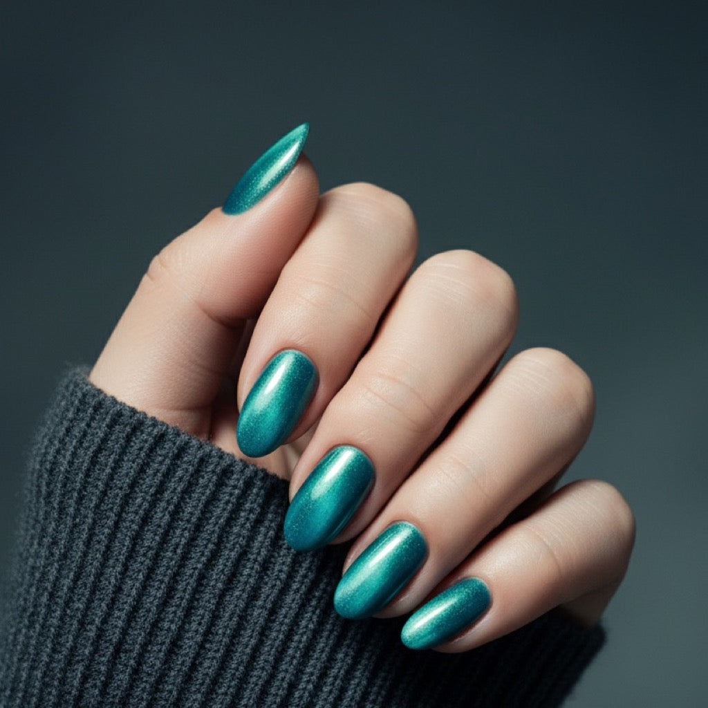 Teal Cat Eye Press-On Nails NAILINK EVERYDAY press-on nails, worn fist view