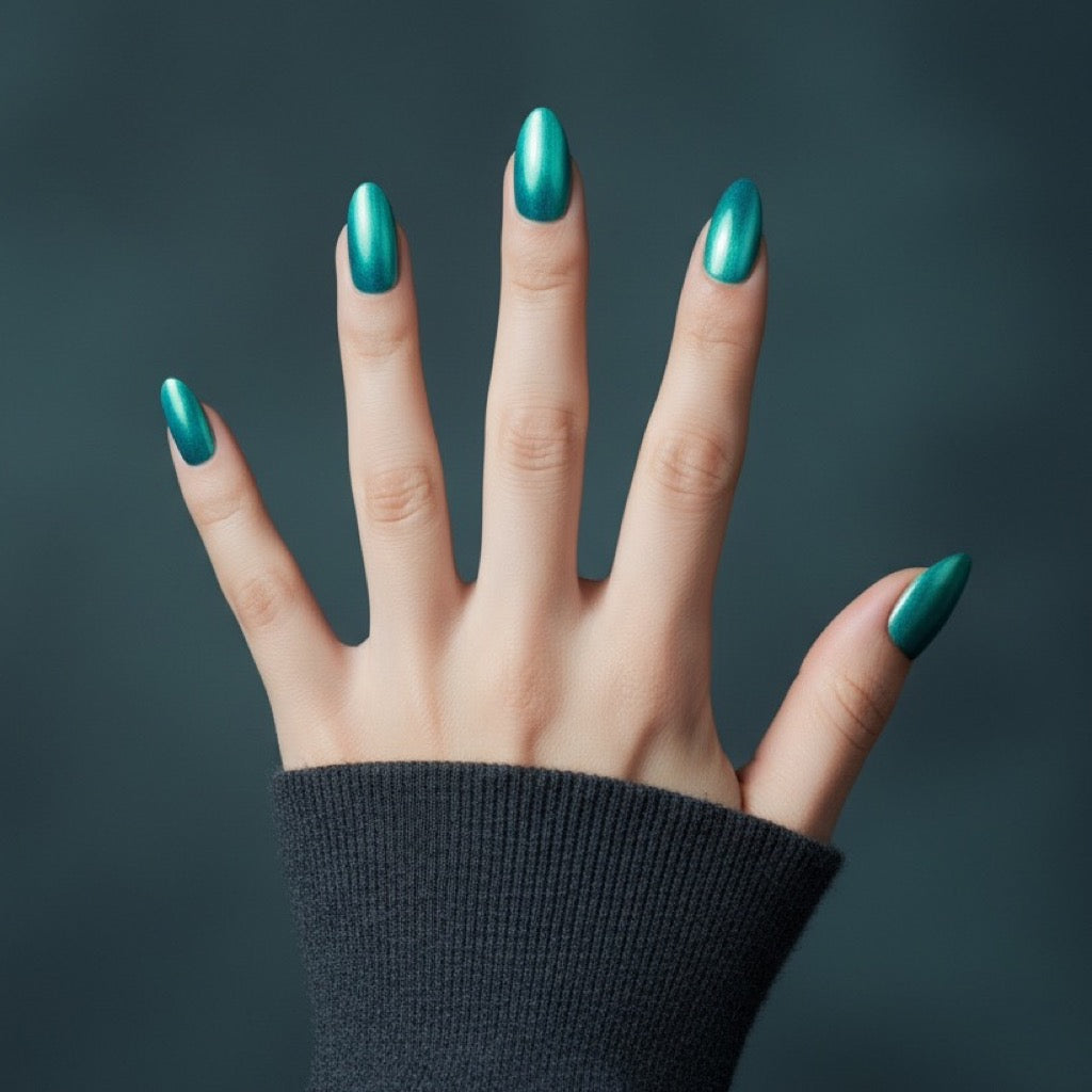 Teal Cat Eye Press-On Nails NAILINK EVERYDAY press-on nails, five-finger view, 24 nails in 12 sizes