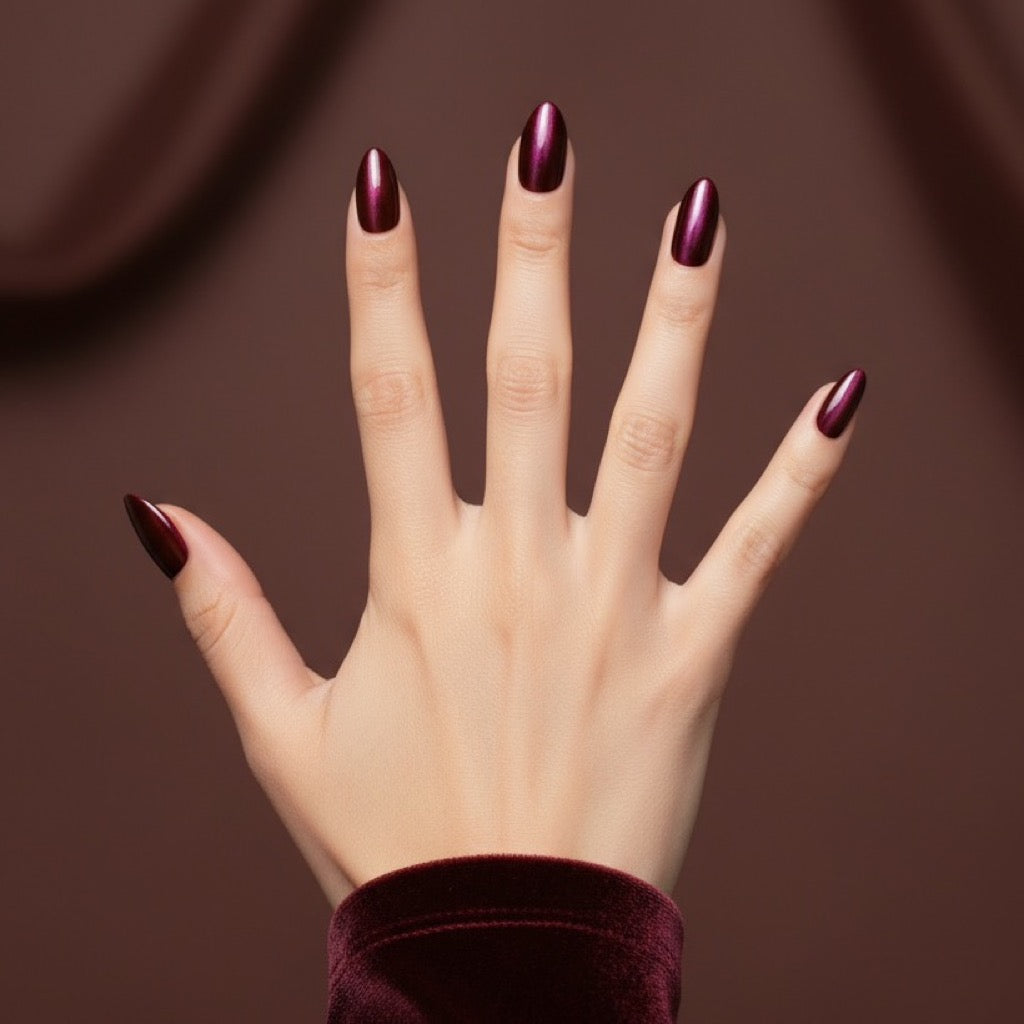 Burgundy Cat Eye Press-On Nails NAILINK EVERYDAY press-on nails, five-finger view, 24 nails in 12 sizes