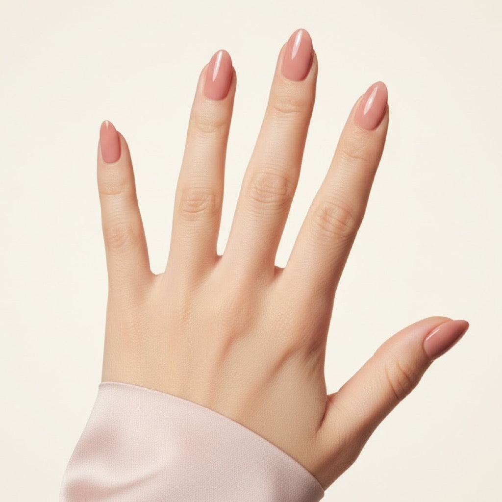 Blush Almond Press-On Nails NAILINK EVERYDAY press-on nails, five-finger view, 24 nails in 12 sizes